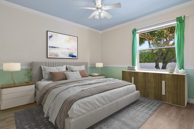 8881 Livingston Way, Boynton Beach, FL 33472 - bedroom with crown molding, baseboards, a ceiling fan, and light wood-style flooring