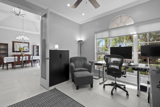 8881 Livingston Way, Boynton Beach, FL 33472 - office space with crown molding, recessed lighting, light tile patterned floors, and ceiling fan with notable chandelier