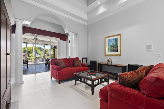 8881 Livingston Way, Boynton Beach, FL 33472 - living area with light tile patterned flooring, a ceiling fan, recessed lighting, decorative columns, and ornamental molding
