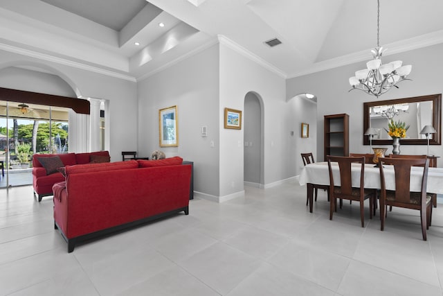 8881 Livingston Way, Boynton Beach, FL 33472 - living area with crown molding, high vaulted ceiling, arched walkways, and visible vents