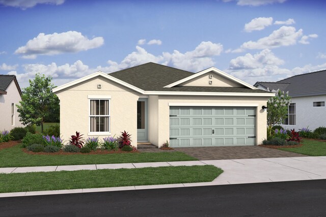 317 Silver Sands Ln Unit 10, Fort Pierce, FL 34945 - ranch-style house with a front yard, stucco siding, driveway, roof with shingles, and an attached garage