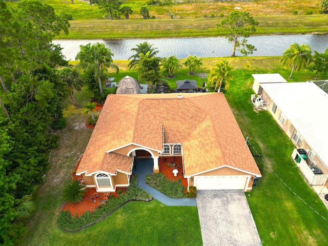 drone / aerial view featuring a water view