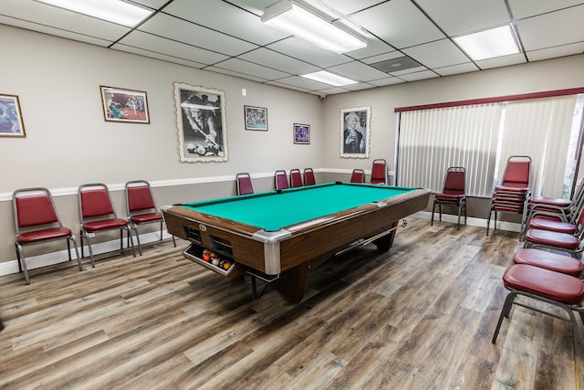 game room with a paneled ceiling, billiards, wood finished floors, and baseboards