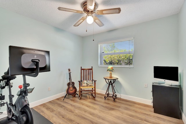 387 Yvonne Dr, West Palm Beach, FL 33406 - exercise room with light wood-style floors, a textured ceiling, a ceiling fan, and baseboards