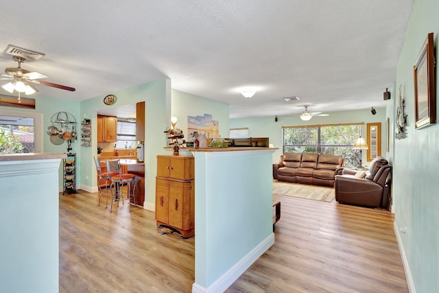 387 Yvonne Dr, West Palm Beach, FL 33406 - kitchen with a ceiling fan, light wood-style flooring, and baseboards