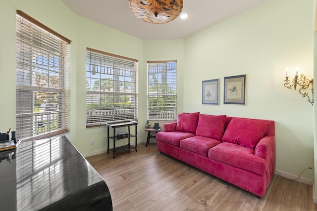 living area with a wealth of natural light, wood finished floors, and baseboards