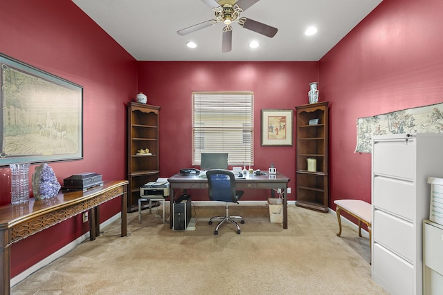 carpeted office with a ceiling fan, recessed lighting, and baseboards