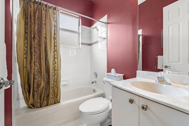 bathroom with shower / bath combo, toilet, and vanity