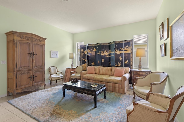 living room featuring light tile patterned flooring