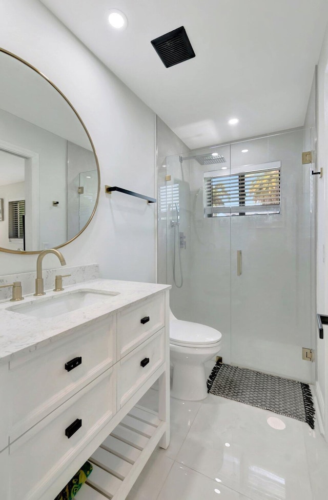 918 Turner Rd, Delray Beach, FL 33483 - bathroom featuring tile patterned flooring, a shower stall, vanity, toilet, and recessed lighting