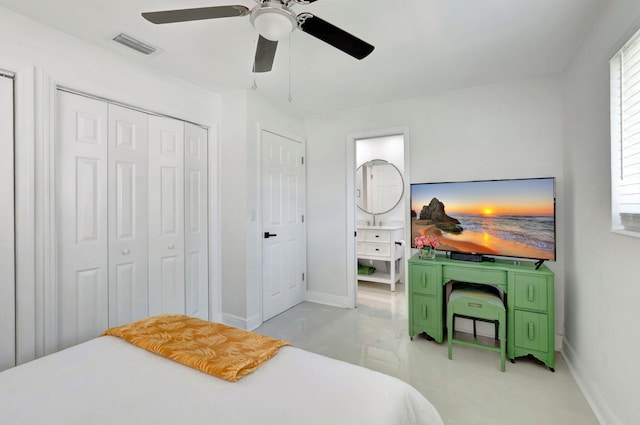 918 Turner Rd, Delray Beach, FL 33483 - bedroom with a closet, baseboards, ceiling fan, and visible vents