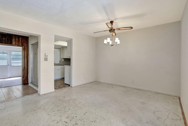 unfurnished dining area with baseboards and ceiling fan with notable chandelier