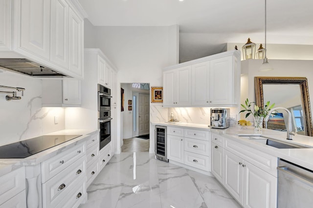 17352 Antigua Point Way, Boca Raton, FL 33487 - kitchen with decorative backsplash, beverage cooler, white cabinets, a sink, and appliances with stainless steel finishes