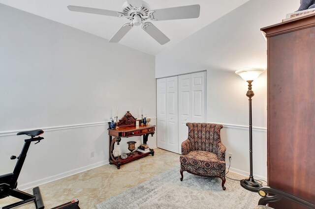 17352 Antigua Point Way, Boca Raton, FL 33487 - sitting room with baseboards, ceiling fan, and high vaulted ceiling