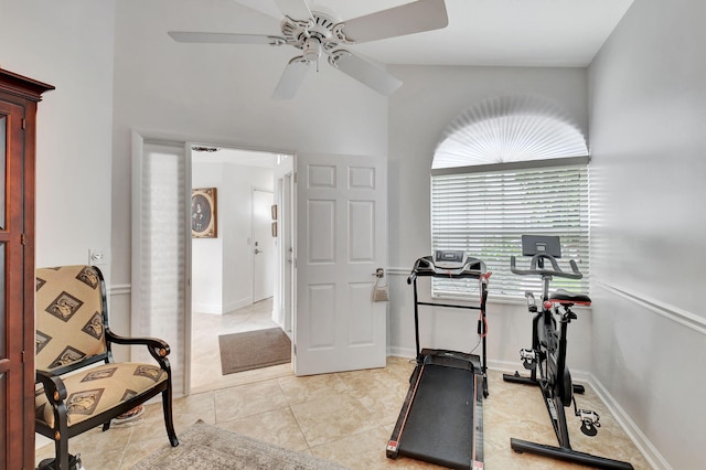 17352 Antigua Point Way, Boca Raton, FL 33487 - exercise area with ceiling fan and light tile patterned floors