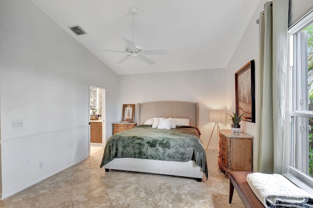 17352 Antigua Point Way, Boca Raton, FL 33487 - bedroom with high vaulted ceiling, visible vents, and ceiling fan