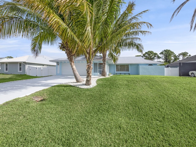view of front facade featuring stucco siding, fence, driveway, a front yard, and an attached garage