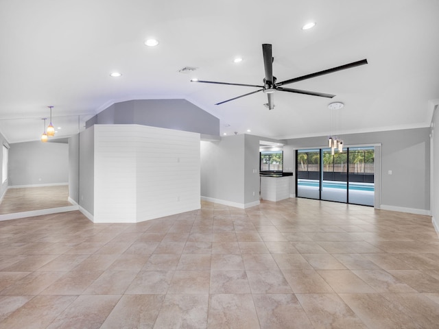 unfurnished living room with baseboards, recessed lighting, ceiling fan, and lofted ceiling
