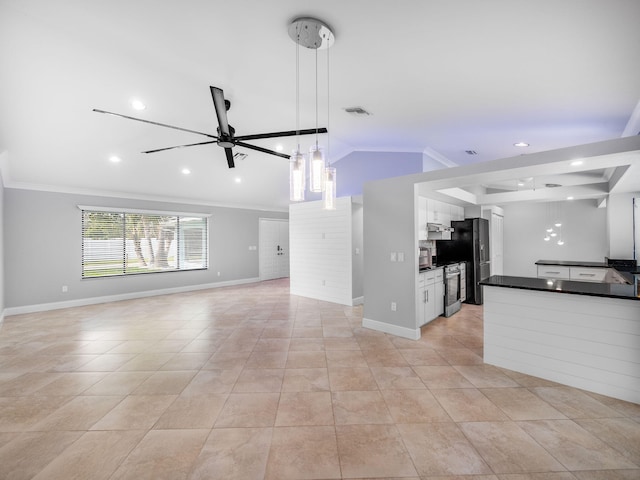 unfurnished living room with recessed lighting, a ceiling fan, visible vents, baseboards, and ornamental molding