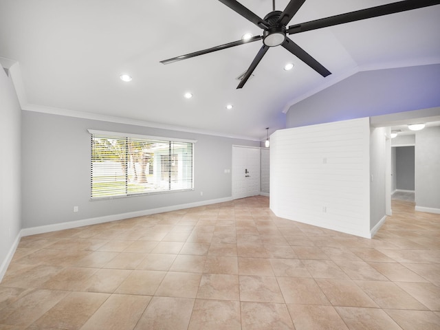 unfurnished living room featuring crown molding, recessed lighting, light tile patterned flooring, and vaulted ceiling