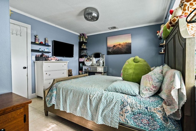 tiled bedroom featuring ornamental molding