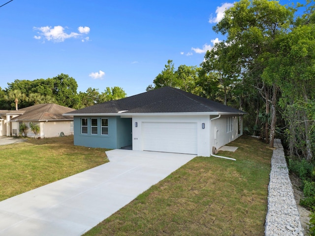 899 Gladiola Ave, Sebastian, FL 32958 - view of front of property with roof with shingles, a front yard, a garage, concrete driveway, and stucco siding