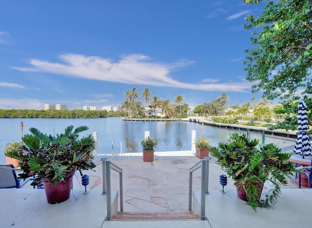 view of patio / terrace with a water view