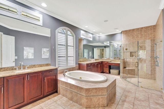 full bath with a sink, a stall shower, two vanities, a tub with jets, and tile patterned flooring