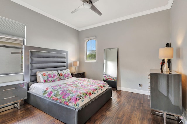 bedroom featuring a ceiling fan, crown molding, dark wood-style floors, and baseboards
