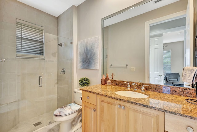 bathroom featuring a shower stall, toilet, and vanity