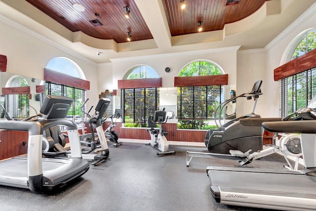 workout area with wood ceiling, a wealth of natural light, a raised ceiling, and visible vents