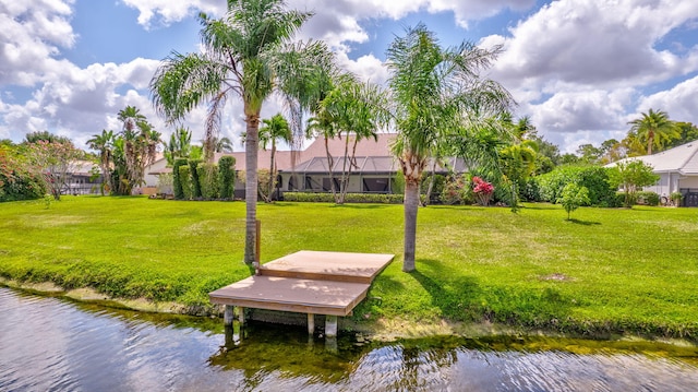 view of dock featuring a water view and a lawn