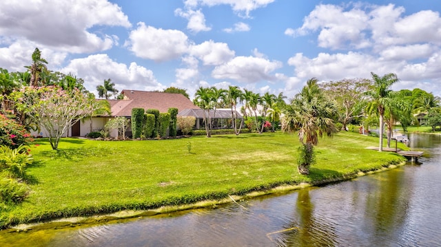 surrounding community with a yard and a water view
