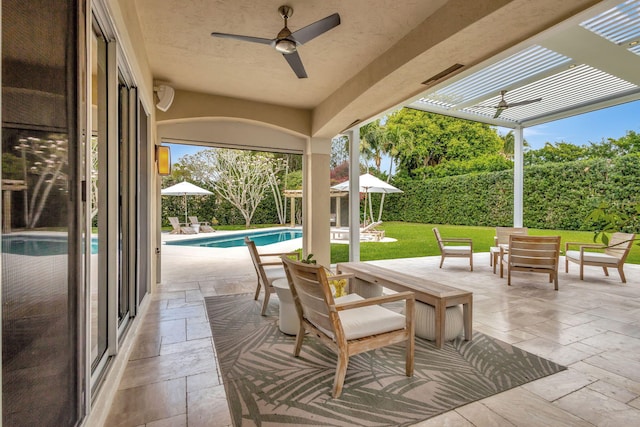 2465 Chesapeake Cir, West Palm Beach, FL 33409 - view of patio featuring a pergola, ceiling fan, outdoor dining space, and an outdoor pool