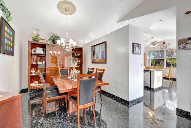 dining space with baseboards, ceiling fan with notable chandelier, lofted ceiling, and granite finish floor