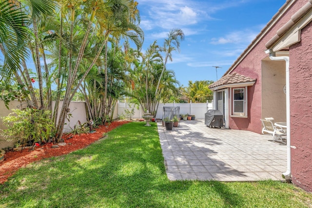 view of yard with a patio and a fenced backyard