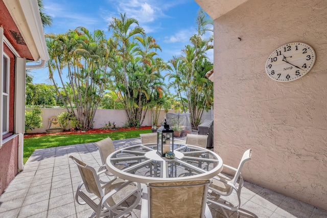view of patio with a fenced backyard and outdoor dining area
