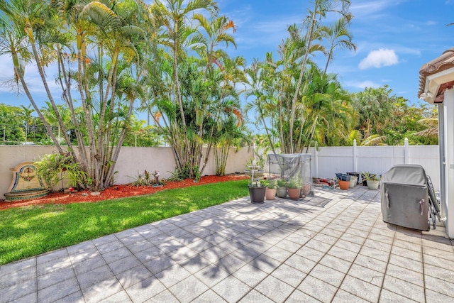 view of patio featuring a fenced backyard and a grill