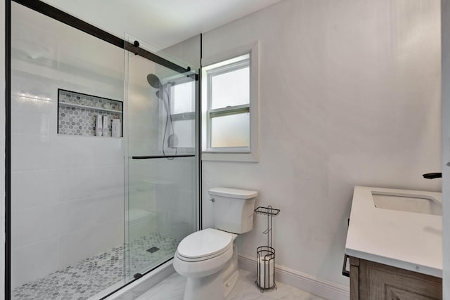 5810 Tucker Rd, Jupiter, FL 33458 - bathroom featuring toilet, vanity, a shower stall, marble finish floors, and baseboards