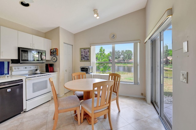 kitchen with light countertops, white cabinets, stainless steel microwave, dishwashing machine, and white range with electric stovetop