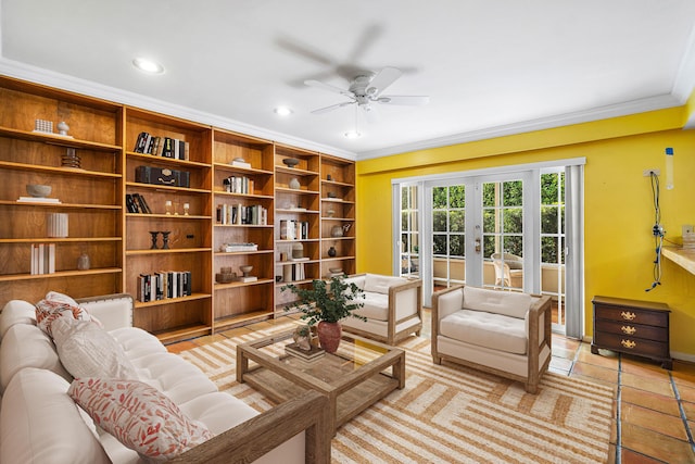 living area featuring crown molding, baseboards, recessed lighting, french doors, and a ceiling fan