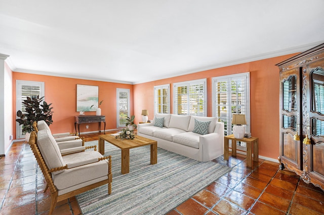 living room with baseboards, a wealth of natural light, and crown molding
