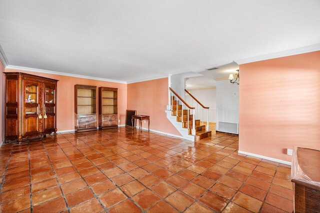 interior space featuring ornamental molding, stairs, visible vents, and baseboards
