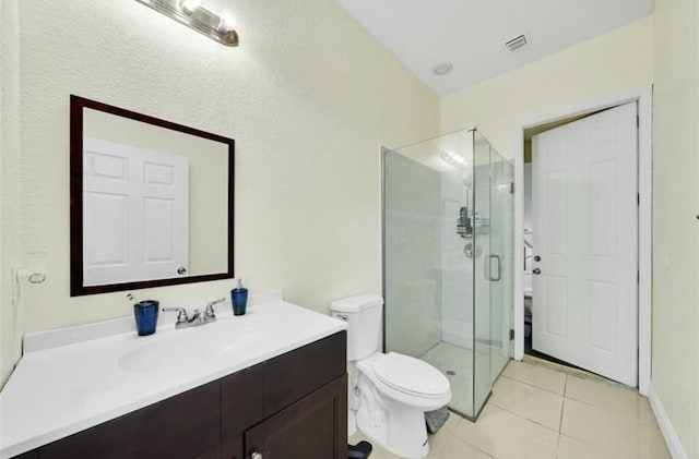 bathroom featuring tile patterned flooring, a shower stall, toilet, vanity, and visible vents