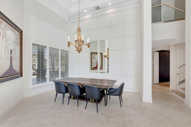 7090 Ayrshire Ln, Boca Raton, FL 33496 - dining area with a chandelier, crown molding, stairway, a towering ceiling, and baseboards