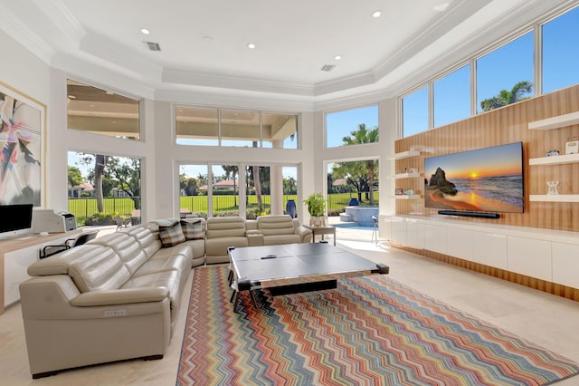 7090 Ayrshire Ln, Boca Raton, FL 33496 - carpeted living area featuring crown molding, a towering ceiling, and recessed lighting