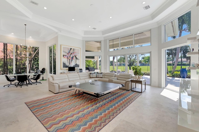 7090 Ayrshire Ln, Boca Raton, FL 33496 - living room featuring a chandelier, crown molding, recessed lighting, and a high ceiling