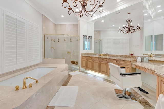 7090 Ayrshire Ln, Boca Raton, FL 33496 - bathroom with a chandelier, ornamental molding, a stall shower, a bath, and tile patterned flooring