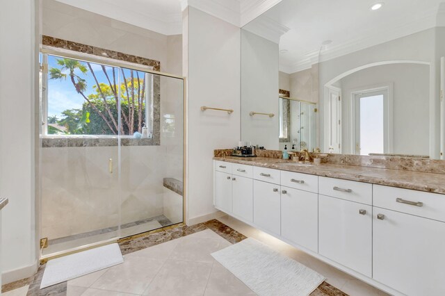 7090 Ayrshire Ln, Boca Raton, FL 33496 - bathroom with crown molding, a shower stall, vanity, plenty of natural light, and baseboards