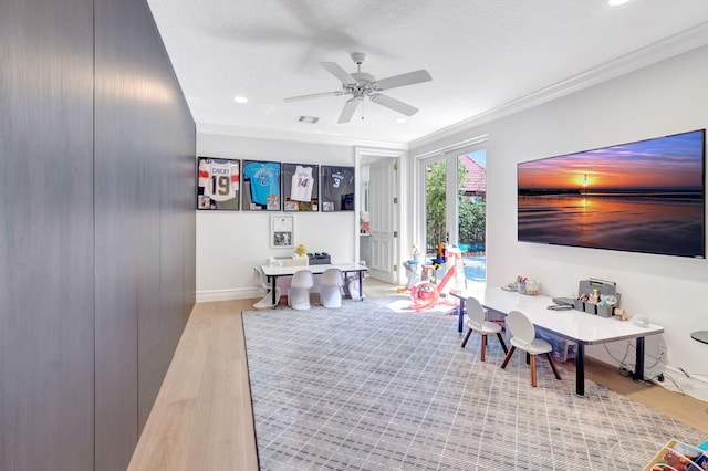 7090 Ayrshire Ln, Boca Raton, FL 33496 - rec room with a ceiling fan, wood finished floors, ornamental molding, recessed lighting, and baseboards